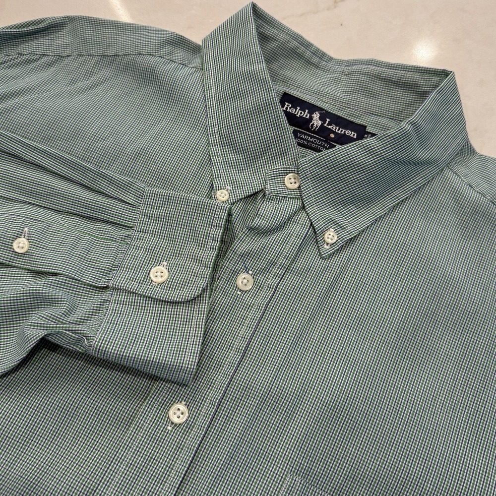 Ralph Lauren Yarmouth Mens Button Down Green/Blue Plaid Blue Pony 18 36/37 XL